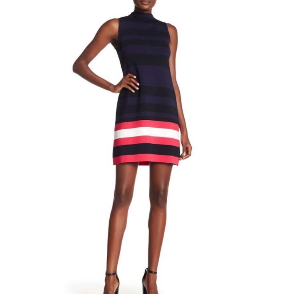 Eliza J Purple Black and Pink Striped High Neck Dress
